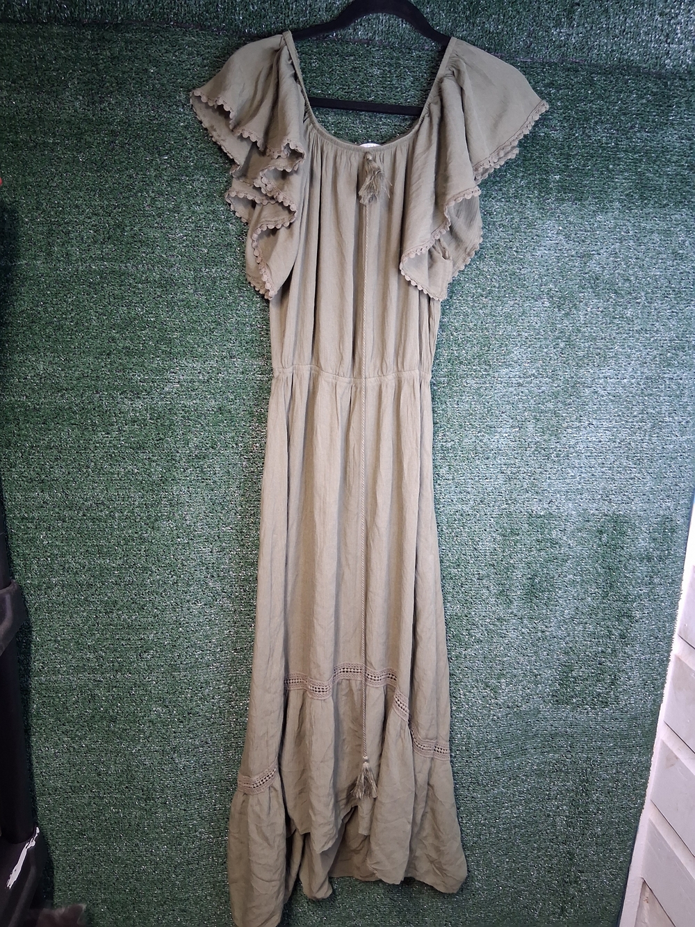 Time and Tru Olive Ruffle Sleeve Maxi Dress